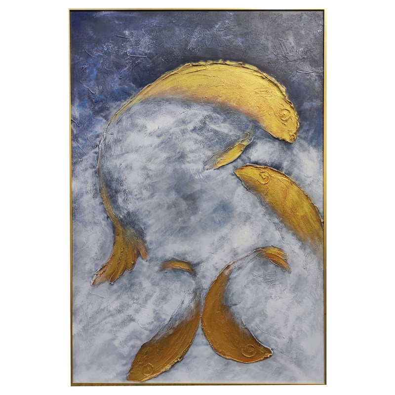 Oil Painting Medium and 6 Color Print Method Used for Hand Painted Goldfish Gold Foil Art Living Room Art